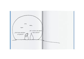 Eine einfache Strichzeichnung von zwei Figuren unter einer großen Sonne mit vorbeifliegenden Vögeln, begleitet von deutschem Text in Sprechblasen.