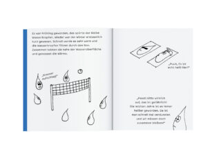Ein aufgeschlagenes Kinderbuch zeigt auf der einen Seite Cartoon-Wassertropfen, die Volleyball spielen, auf der anderen Seite beim Sonnenbaden auf Handtüchern, mit deutschem Text und einfachen Schwarz-Weiß-Illustrationen.
