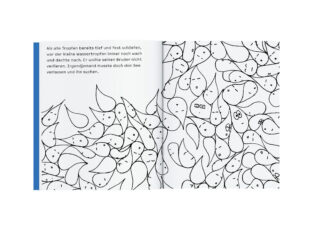 Auf einer illustrierten Buchseite sind viele Wassertropfen mit Gesichtern, teilweise mit Brillen, umrandet; in der oberen linken Ecke erscheint deutscher Text auf weißem Hintergrund.