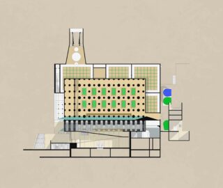Architektonischer Grundriss mit einem zentralen rechteckigen Bereich, grünen Flecken, schwarzen Punkten und angrenzenden kleineren Räumen, dargestellt auf einem beigen Hintergrund.
