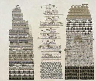 Drei stilisierte Wolkenkratzer werden nebeneinander gezeigt, jeder mit sich wiederholenden Fenstermustern und unterschiedlichen architektonischen Designs, einige mit Grünanlagen in den oberen Stockwerken.