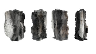 Vier Stücke schwarzer Kohle stehen aufrecht in einer Reihe vor einem weißen Hintergrund und weisen jeweils eine raue, rissige Textur und unregelmäßige Formen auf.