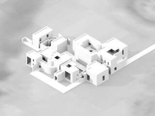 Ein weißes Architekturmodell mit miteinander verbundenen geometrischen Gebäuden mit Flachdächern, unterschiedlichen Wandhöhen und offenen Innenhöfen, aus erhöhter Perspektive betrachtet.