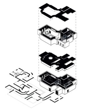 Ein explodiertes axonometrisches Diagramm eines zweistöckigen Gebäudes, das getrennte Stockwerke, Innenräume, Wände und Verkehrswege in Schwarzweiß zeigt.