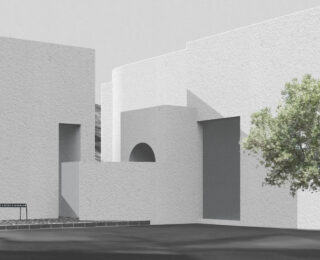 Minimalistische Architekturszene mit weißen strukturierten Gebäuden, scharfen geometrischen Schatten, einem Baum auf der rechten Seite und einer einfachen Metallbank auf einem gefliesten Gehweg.