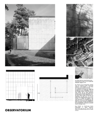 Ein modernes Observatoriumsgebäude mit Betonwänden, Außenwegen, Architekturplänen, Luftaufnahme und deutschem Text, der die Struktur und ihre Merkmale beschreibt.