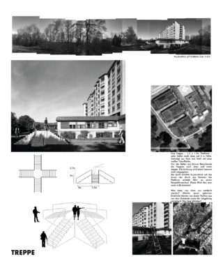 Eine Collage aus Architekturfotos, Diagrammen und Karten zeigt ein mehrstöckiges Wohngebäude, Treppen, Lagepläne und Personensilhouetten mit dem Wort „TREPPE“ am unteren Rand.