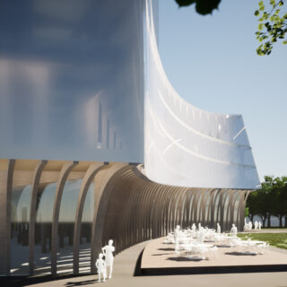 Ein modernes Gebäude mit einer geschwungenen Glasfassade, gewölbten Stützen und einem Außenterrassenbereich mit Tischen, Stühlen und menschlichen Figuren unter klarem Himmel.