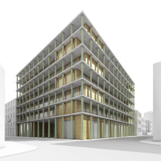 Ein modernes, mehrstöckiges Gebäude mit grünen vertikalen Säulen und großen Fenstern auf jeder Etage, an einer Straßenecke in einer städtischen Umgebung gelegen.