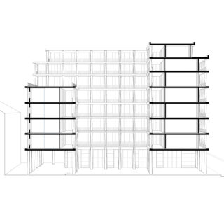 Architektonische Strichzeichnung eines mehrstöckigen Gebäudes mit sichtbaren Strukturelementen und Balkonen auf beiden Seiten, von vorne betrachtet.