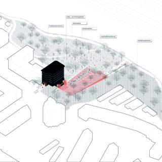 Axonometrisches Diagramm eines Lageplans, der ein mehrstöckiges Gebäude, Wege, Bäume und beschriftete Zonen einschließlich Präsentations-, Ausstellungs- und Landschaftsbereichen zeigt.