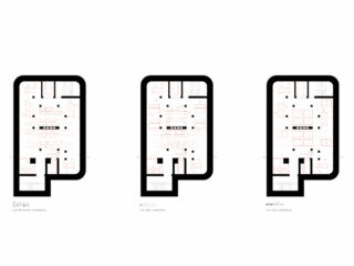 Drei schwarz umrandete architektonische Grundrisse werden nebeneinander angezeigt und zeigen jeweils unterschiedliche Innenaufteilungen für einen ungefähr rechteckigen Raum mit abgerundeten oberen Ecken.
