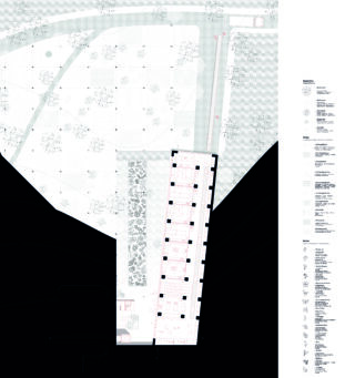 Architektonischer Lageplan mit rechteckigem Gebäudegrundriss und Innenaufteilung, umgebender Landschaftsgestaltung, Wegen, Bäumen und einer ausführlichen Legende auf der rechten Seite.