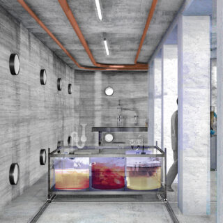 Ein modernes Labor mit Betonwänden, runden Fenstern und einem Glastisch mit großen Behältern voller bunter Flüssigkeiten und Laborglaswaren.