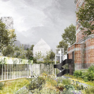 Ein Garten mit verschiedenen Pflanzen ist von einem Metallzaun begrenzt und grenzt an ein rotes Backsteingebäude mit einer schwarzen Außentreppe; im Hintergrund sind Bäume und minimalistische weiße Strukturen zu sehen.