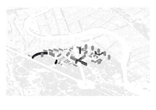 Ein Graustufen-Luftbild zeigt eine Stadtlandschaft mit schwarz hervorgehobenen Straßen und Gebäuden inmitten eines heller umrandeten Stadtgebiets und umgebender Grünflächen.