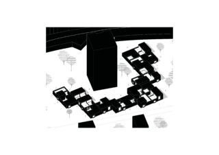 Schwarzweiße axonometrische Zeichnung, die eine Gruppe niedriger Gebäude zeigt, die um ein hohes rechteckiges Gebäude herum angeordnet sind, mit Bäumen und Wegen, die über das gesamte Gelände verstreut sind.