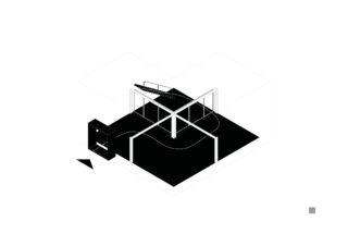 Isometrische Darstellung eines minimalistischen Spielplatzes mit Rutsche, Klettergerüst, Schaukeln und einer kleinen Struktur auf einer schwarzen rechteckigen Oberfläche.