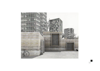 Moderne Betongebäude mit großen Fenstern im Vordergrund, Hochhaustürme im Hintergrund, ein an der Wand lehnendes Fahrrad und ein teilweise sichtbarer Baum.