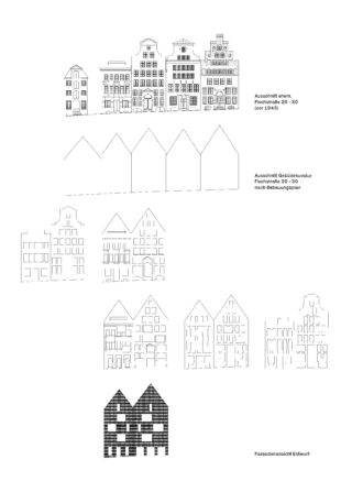 Architekturzeichnungen mit historischen und modernen Fassadengestaltungen der Gebäude in der Fleischstraße 20-30, inklusive Aufrissen und Umrissvergleichen.