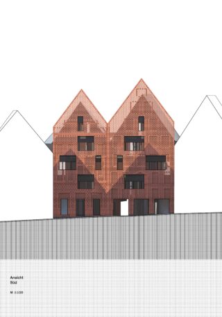 Architektonische Aufrisszeichnung eines modernen Backsteinwohnhauses mit Satteldächern, Balkonen und geometrischen Mustern an der Fassade, dargestellt vor einem minimalistischen Hintergrund.