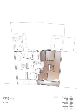 Architektonischer Grundriss des zweiten Obergeschosses mit Raumaufteilung, Wänden, Türen und Flächenbezeichnungen mit den entsprechenden Quadratmeterangaben.