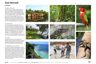 Eine Collage aus Bildern zeigt die Landschaft von East Rennell, die Einheimischen, den tropischen Wald, Küstenansichten, einen Papagei, ein Krokodil und eine Eidechse, begleitet von beschreibendem Text.