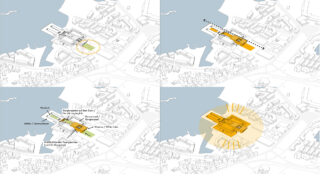 Vier Architekturdiagramme zeigen ein städtisches Ufergebiet mit hervorgehobenen Zonen, Beschriftungen und Überlagerungen, die räumliche Beziehungen und Gebäudefunktionen veranschaulichen.