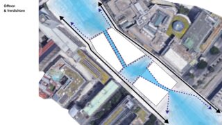 Luftaufnahme eines Stadtgebiets mit darüber gelegten blau schattierten Wegen, gestrichelten Linien und Pfeilen, die Bewegungsmuster anzeigen; der Text links lautet „Öffnen & Verdichten.“.