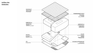 Axonometrische Explosionszeichnung eines Gebäudes mit beschrifteten Strukturkomponenten: Dach, Verbindungsdach, zwei Gebäude, Platz, Sockel, unterirdische Ebene und unterirdischer Zugang.