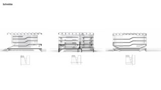 Drei architektonische Schnittzeichnungen eines modernen, mehrstöckigen Gebäudes mit geschichteten horizontalen Elementen, aus verschiedenen Winkeln dargestellt, mit entsprechenden technischen Liniendiagrammen unter jedem Abschnitt.