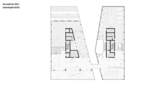 Schwarz-weißer Architekturgrundriss mit der Bezeichnung „Grundriss OG1“, der zwei Hauptbereiche mit mehreren Räumen, Treppenhäusern, Aufzügen und verschiedenen Büroeinrichtungen zeigt.