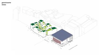 Axonometrisches Diagramm, das zwei Gebäudekomplexe zeigt, einer mit begrünten Dachterrassen und einer Mittelachse und der andere mit einem großen Schrägdach, eingebettet in einen skizzierten städtischen Kontext.