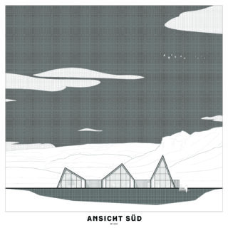Architektonische Aufrisszeichnung eines modernen Gebäudes mit drei Spitzdächern vor minimalistischer Landschaft; unten mit der Beschriftung „Ansicht Süd“.