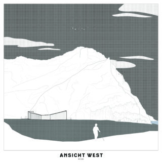 Eine Person mit Spazierstock steht vor einem großen, geometrisch dargestellten Berg mit einem modernen Gebäude an seinem Fuß unter einem bewölkten Himmel. Unten steht der Text „ANSICHT WEST“.