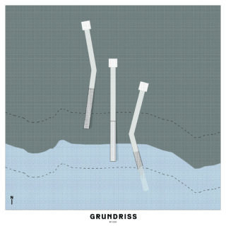 Ein Diagramm mit der Überschrift „Grundriss“ zeigt drei abgewinkelte Strukturen, die von einem blauen Bereich in einen grauen Bereich übergehen, wobei gestrichelte Konturlinien und ein Nordpfeil die Ausrichtung anzeigen.