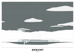 Minimalistische architektonische Aufrisszeichnung, die ein niedriges, rechteckiges Gebäude vor einem Bergrücken mit bewölktem Himmel zeigt; unten mit der Beschriftung „ANSICHT M 1:200“.