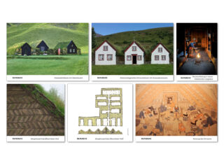 Eine Collage aus Bildern und Diagrammen, die traditionelle isländische Torfhäuser, ihre grasbedeckten Außenfassaden, ihre Innenräume und ihre architektonische Gestaltung zeigen.