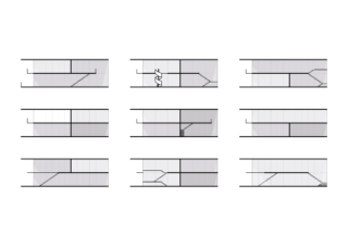 Neun schwarz-weiße Architekturschnittdiagramme zeigen verschiedene Treppen- und Trennwandkonfigurationen in zweistöckigen Räumen.
