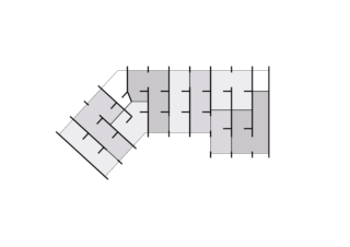 Ein Grundriss, der mehrere nebeneinanderliegende Räume mit Verbindungsfluren zeigt; die Räume sind in hellen und dunklen Grautönen gehalten.