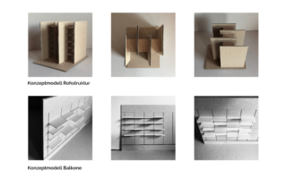 Gezeigt werden zwei Sätze architektonischer Konzeptmodelle aus Karton: oben aufrechte vertikale Strukturen und unten horizontale Balkonmodelle, aus verschiedenen Blickwinkeln betrachtet.