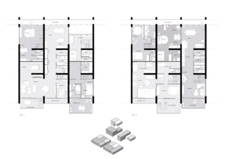 Zwei detaillierte schwarz-weiße Grundrisse mit der Bezeichnung OG1 und OG2 mit verschiedenen Raum- und Möbelaufteilungen, darunter ein kleines 3D-Diagramm der Blockstrukturen.