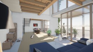 Helles, modernes Wohnzimmer mit großen Fenstern, Holzbalken an der Decke, blauem Sofa, Pflanzen, Essbereich und einer Person, die auf dem Balkon steht; eine Katze sitzt auf dem Teppich.