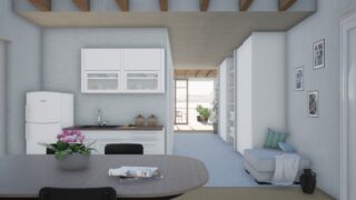 Moderne Küche und Wohnbereich mit weißen Schränken, einem Tisch mit Blumen, einem Sofa, Wandkunst und Blick auf einen Balkon durch eine Glastür.