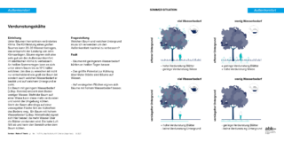 Diagramm, das erklärt, wie sich unterschiedliche Untergrundbedingungen auf den Wasserbedarf und das Blattwachstum von Bäumen auswirken, mit beschrifteten Abbildungen von Bäumen auf verschiedenen Bodenarten und entsprechenden Textbeschreibungen.