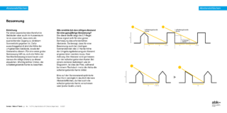 Diagramm zur Berechnung des Sonnenschutzabstands für Gebäude mit Abbildungen verschiedener Beschattungswinkel und entsprechenden Formeln und Maßangaben im deutschen Text.