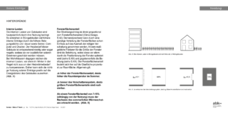 Auf einer deutschsprachigen Seite werden die inneren Belastungen in Gebäuden, Fensterflächenverhältnisse und Wärmeverluste erörtert, mit Diagrammen, die die Wärmeleistung von Fenstern und Wänden vergleichen.