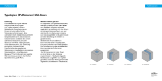 Ein deutschsprachiges Informationsplakat zum Thema Pufferzonen in der Architektur mit Texten und Diagrammen zu vier Gebäudevolumen mit unterschiedlichen Designs der Eingangszonen in der Mitte der Tür.