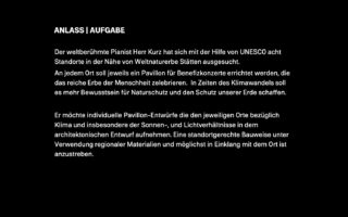 Weißer deutscher Text auf schwarzem Hintergrund, der ein Projekt zur Pavillongestaltung in der Nähe von UNESCO-Stätten beschreibt, wobei der Schwerpunkt auf Nachhaltigkeit und lokalen Materialien liegt.