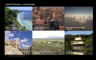 Eine Collage aus sechs UNESCO-Welterbestätten mit natürlichen und kulturellen Sehenswürdigkeiten der Salomonen, aus dem Jemen, Nepal, Syrien, Island und Japan.